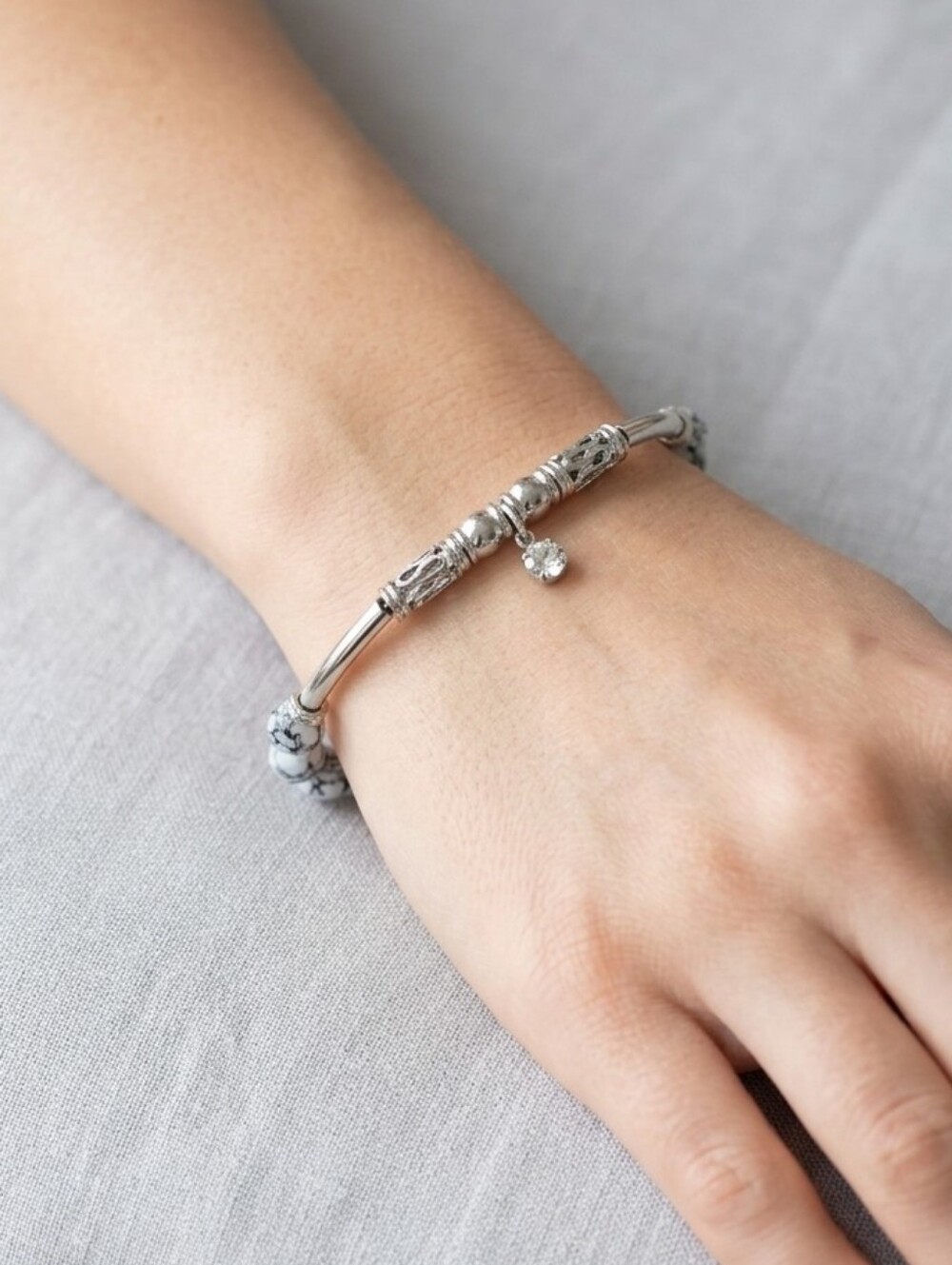 Handcrafted Artisan Silver Tube & Glossy Marbled Glass Bead Charm Bracelet